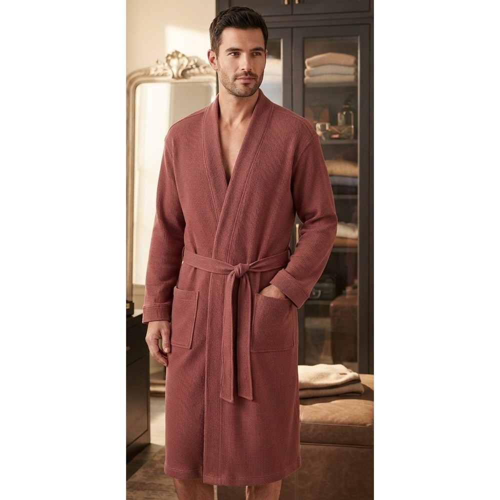 LL Bean Robe Waffle Knit Belted Shawl Collar Men's M Red Cotton Blend Thermal